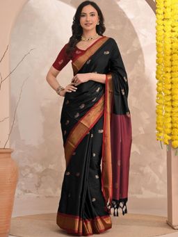 A S CREATION - Women Black Cotton Silk Kanchipuram with Elegant Traditional Design Saree