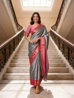 A S CREATION - Women Grey Cotton Silk Kanchipuram with Traditional Design Saree