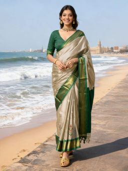 A S CREATION - Women Beige Cotton Silk Kanchipuram with Traditional Design Saree