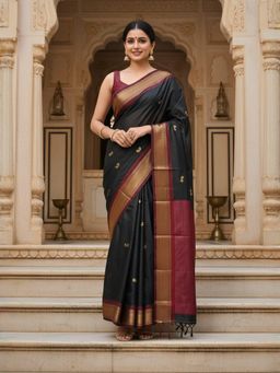 A S CREATION - Women Black Cotton Silk Kanchipuram with Traditional Design Saree