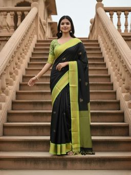 A S CREATION - Women Black Cotton Silk Kanchipuram with Traditional Design Saree