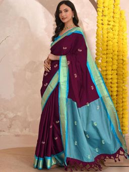A S CREATION - Women Maroon Cotton Silk Kanchipuram with Elegant Traditional Design Saree
