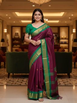 A S CREATION - Women Maroon Cotton Silk Kanchipuram with Traditional Design Saree