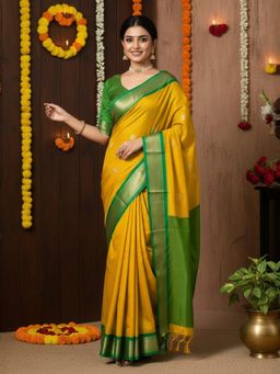 A S CREATION - Women Mustard Cotton Silk Kanchipuram with Traditional Design Saree