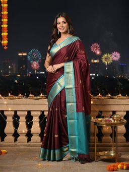 A S CREATION - Women Brown Cotton Silk Kanchipuram with Traditional Design Saree