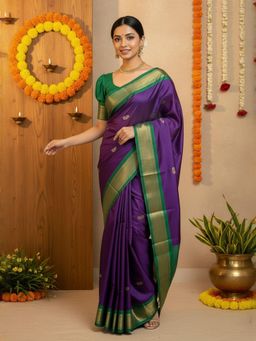 A S CREATION - Women Purple Cotton Silk Kanchipuram with Traditional Design Saree