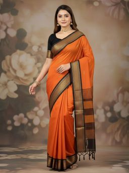 A S CREATION - Women Orange Cotton Silk Kanchipuram with Traditional Design Saree
