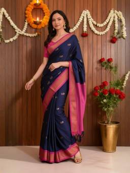 A S CREATION - Women Navy Blue Cotton Silk Kanchipuram with Traditional Design Saree