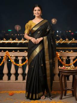 A S CREATION - Women Black Cotton Silk Kanchipuram with Traditional Design Saree