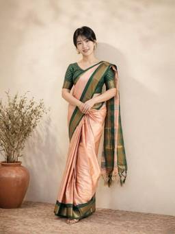 A S CREATION - Women Peach Cotton Silk Kanchipuram with Traditional Design Saree