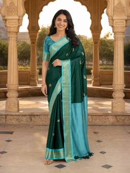 A S CREATION - Women Green Cotton Silk Kanchipuram with Traditional Design Saree
