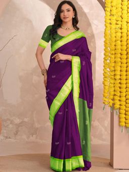 A S CREATION - Women Purple Cotton Silk Kanchipuram with Elegant Traditional Design Saree