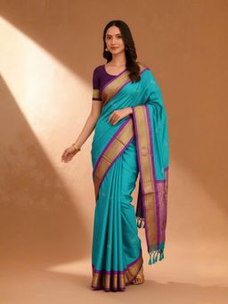 A S CREATION - Women Turquoise Cotton Silk Kanchipuram with Elegant Traditional Design Saree