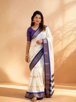 A S CREATION - Women White Cotton Silk Kanchipuram with Elegant Traditional Design Saree