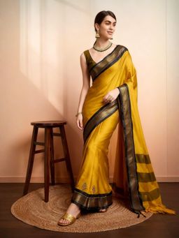 A S CREATION - Women Mustard Cotton Silk Kanchipuram with Elegant Traditional Design Saree