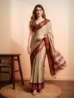 A S CREATION - Women Beige Cotton Silk Kanchipuram with Elegant Traditional Design Saree