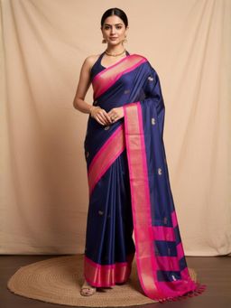A S CREATION - Women Navy Blue Cotton Silk Kanchipuram with Elegant Traditional Design Saree