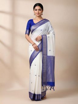 A S CREATION - Women White Cotton Silk Kanchipuram with Elegant Traditional Design Saree