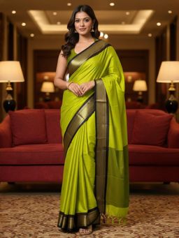 A S CREATION - Women Green Cotton Silk Kanchipuram with Elegant Traditional Design Saree