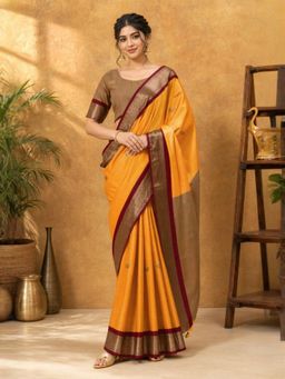 A S CREATION - Women Mustard Cotton Silk Kanchipuram with Traditional Design Saree