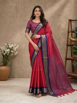 A S CREATION - Women Red Cotton Silk Kanchipuram with Traditional Design Saree