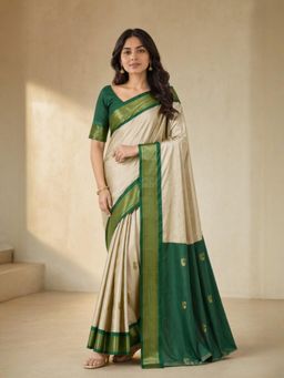 A S CREATION - Women Beige Cotton Silk Kanchipuram with Traditional Design Saree