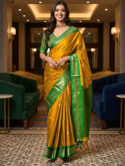 A S CREATION - Women Mustard Cotton Silk Kanchipuram with Elegant Traditional Design Saree
