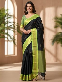 A S CREATION - Women Black Cotton Silk Kanchipuram with Elegant Traditional Design Saree