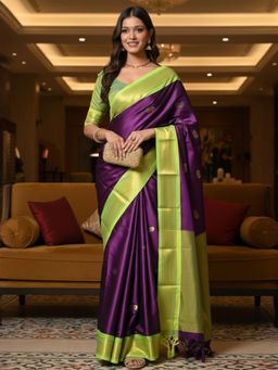 A S CREATION - Women Purple Cotton Silk Kanchipuram with Elegant Traditional Design Saree