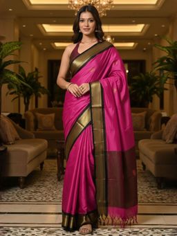 A S CREATION - Women Pink Cotton Silk Kanchipuram with Elegant Traditional Design Saree