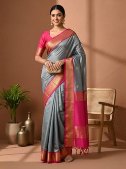 A S CREATION - Women Grey Cotton Silk Kanchipuram with Elegant Traditional Design Saree