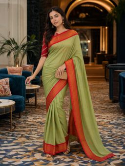 A S CREATION - Women Olive Cotton Silk Kanchipuram with Traditional Design Saree