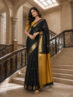 A S CREATION - Women Black Cotton Silk Kanchipuram with Traditional Design Saree
