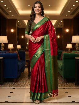 A S CREATION - Women Maroon Cotton Silk Kanchipuram with Elegant Traditional Design Saree