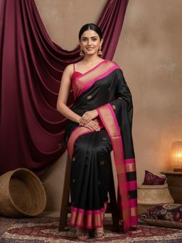 A S CREATION - Women Black Cotton Silk Kanchipuram with Elegant Traditional Design Saree