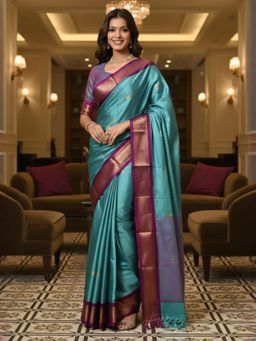 A S CREATION - Women Turquoise Cotton Silk Kanchipuram with Elegant Traditional Design Saree