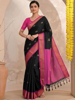 A S CREATION - Women Black Cotton Silk Kanchipuram with Elegant Traditional Design Saree