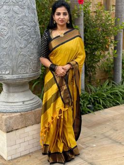 A S CREATION - Women Mustard Cotton Silk Kanchipuram with Elegant Traditional Design Saree