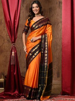 A S CREATION - Women Orange Cotton Silk Kanchipuram with Elegant Traditional Design Saree