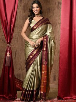 A S CREATION - Women Olive Cotton Silk Kanchipuram with Elegant Traditional Design Saree