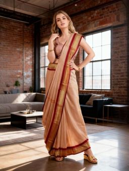 A S CREATION - Women Peach Cotton Silk Kanchipuram with Elegant Traditional Design Saree