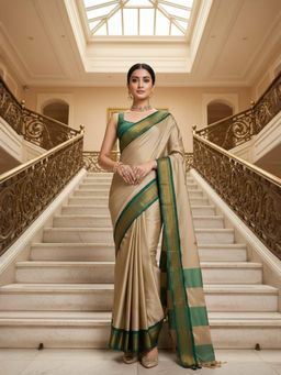 A S CREATION - Women Beige Cotton Silk Kanchipuram with Elegant Traditional Design Saree