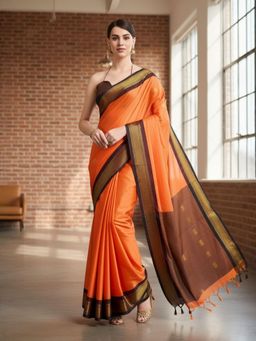 A S CREATION - Women Orange Cotton Silk Kanchipuram with Elegant Traditional Design Saree