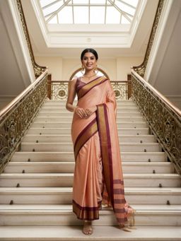 A S CREATION - Women Peach Cotton Silk Kanchipuram with Elegant Traditional Design Saree