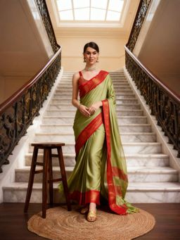 A S CREATION - Women Olive Cotton Silk Kanchipuram with Elegant Traditional Design Saree