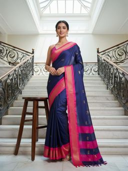 A S CREATION - Women Navy Blue Cotton Silk Kanchipuram with Elegant Traditional Design Saree