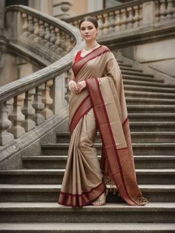 A S CREATION - Women Beige Cotton Silk Kanchipuram with Elegant Traditional Design Saree