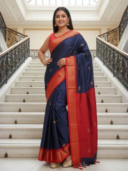 A S CREATION - Women Navy Blue Cotton Silk Kanchipuram with Elegant Traditional Design Saree