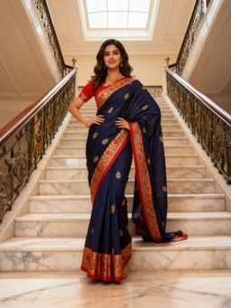 A S CREATION - Women Navy Blue Cotton Silk Kanchipuram with Elegant Traditional Design Saree