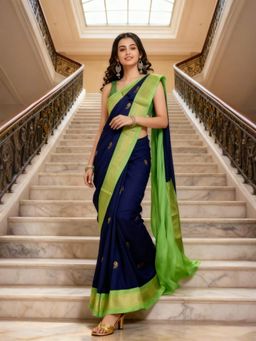 A S CREATION - Women Navy Blue Cotton Silk Kanchipuram with Elegant Traditional Design Saree
